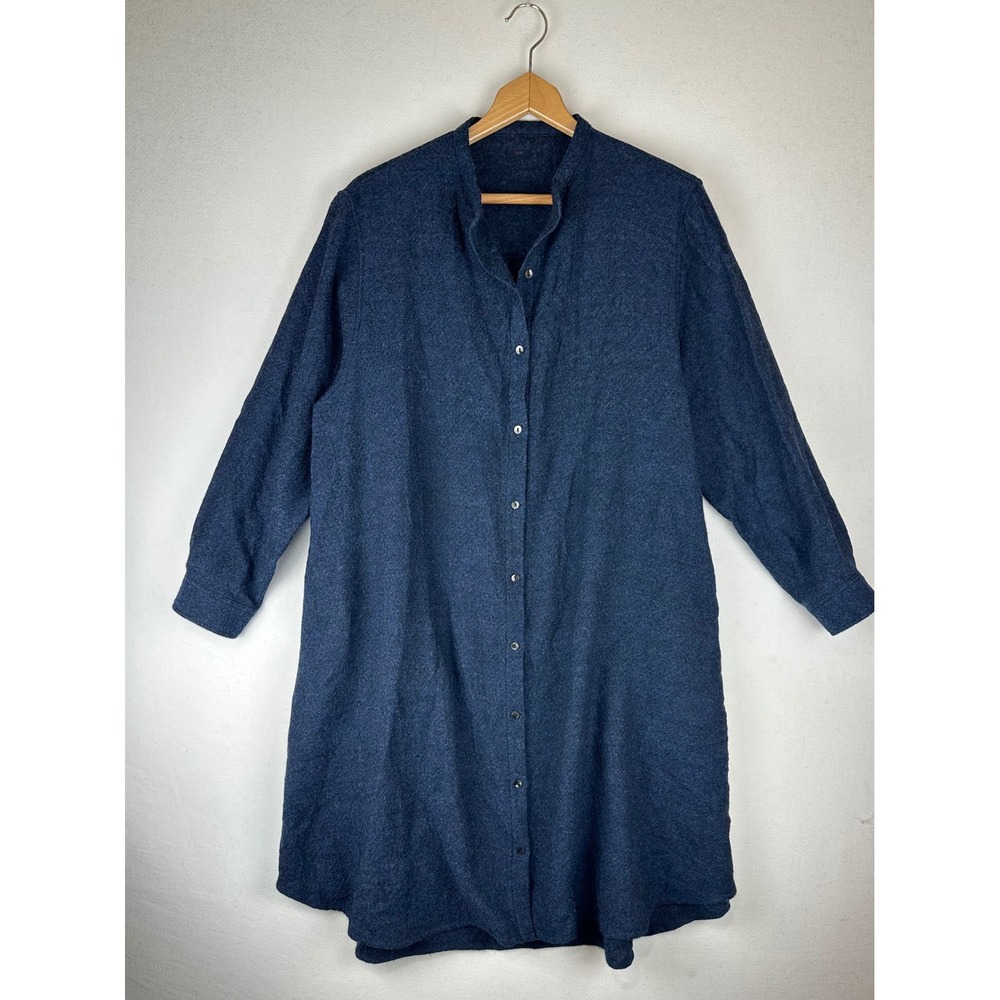 Ichi Japan Navy Blue 100% Wool Button Front Band Collar Midi Shirt Dress Pocket - Picture 3 of 10